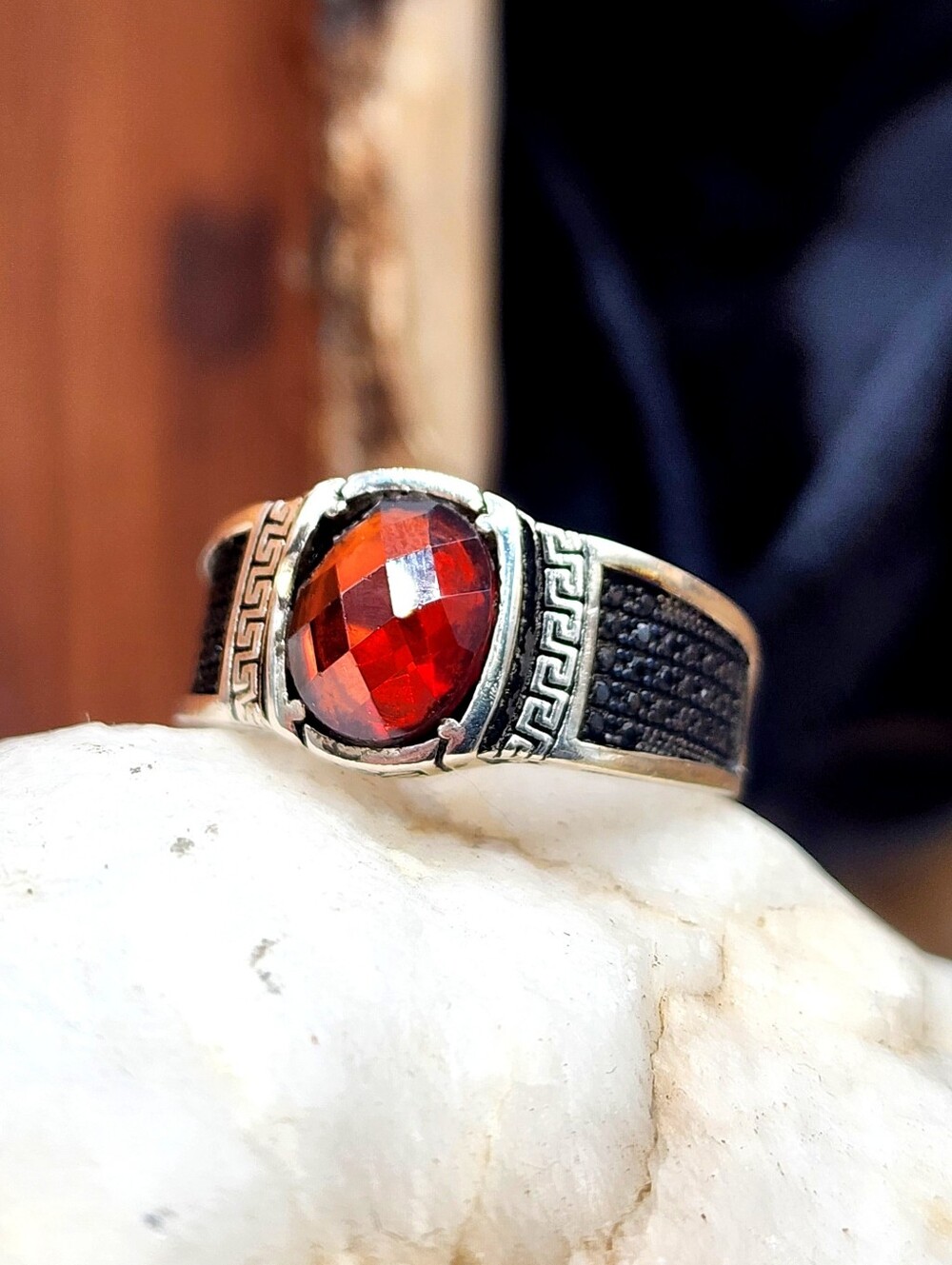 Solid Silver 925 Ring Natural Garnet Black Quartz Natural stones